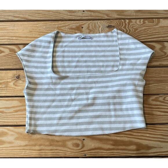 Zara Striped Crop Top Size Large Women’s Tan White - Picture 1 of 7